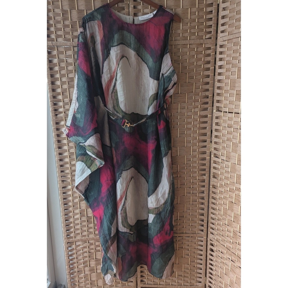Vivica A Fox‎ Collection Abstract Swirl Asymmetrical Belted Midi Dress 1X Chic